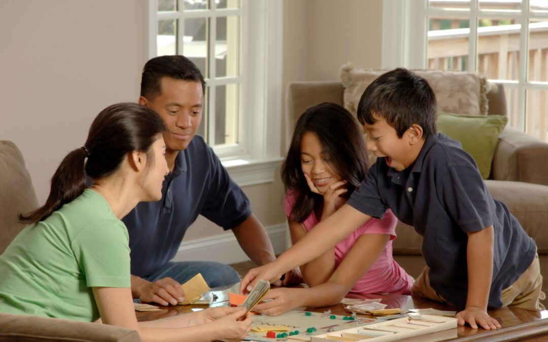 family playing in the living room